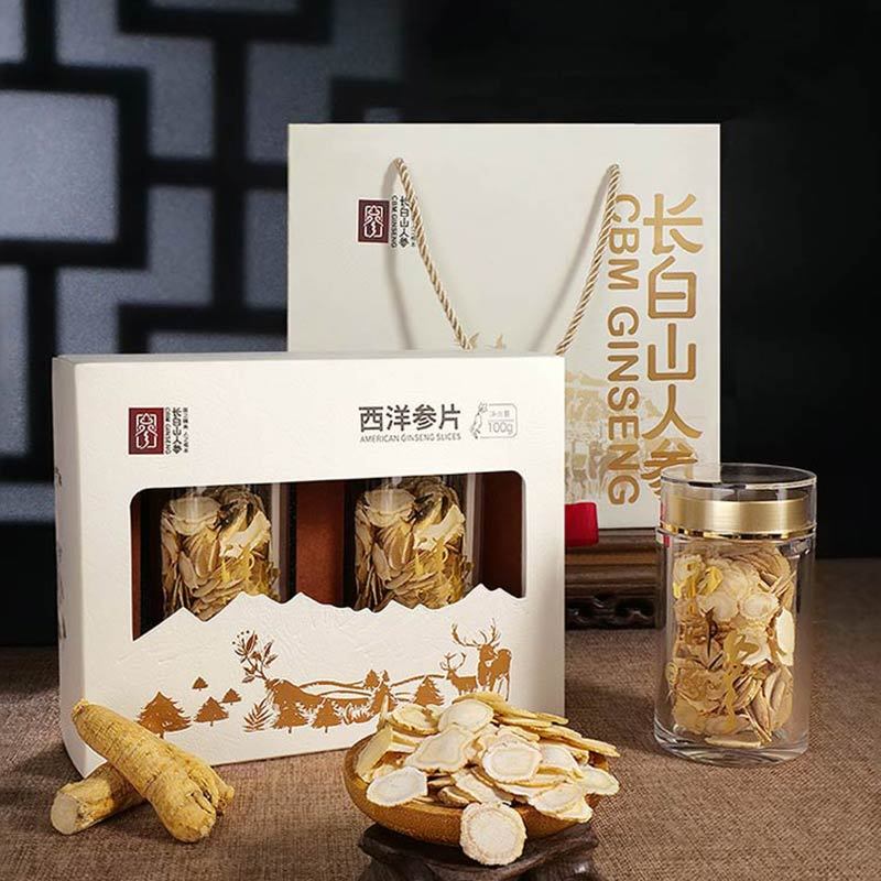 Small Jar of American Ginseng Slices in Simple Gift Box, 100g/Box, φ1.6-Changbai Mountain Ginseng-CBM GINSENG