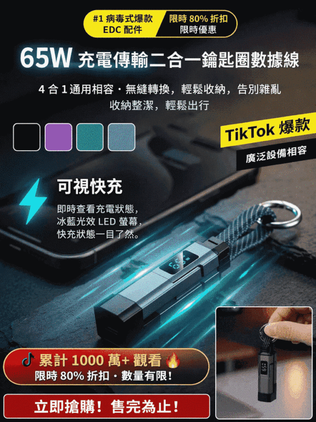 65W 迷你鑰匙扣數據充電線