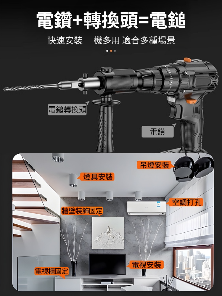 電鎚轉換頭，一機搞定多種鑽孔需求