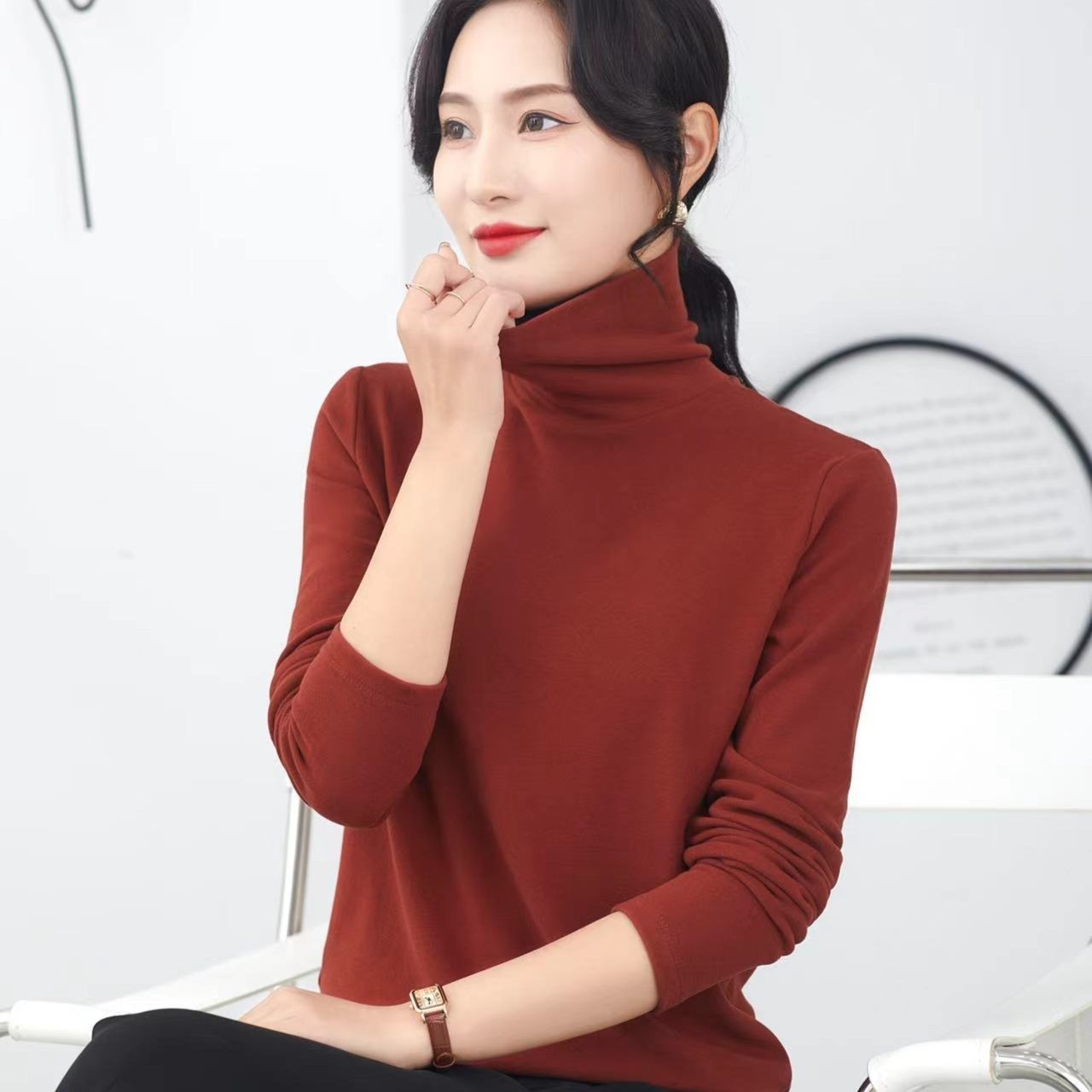 時尚百搭雙面德絨高領打底衫