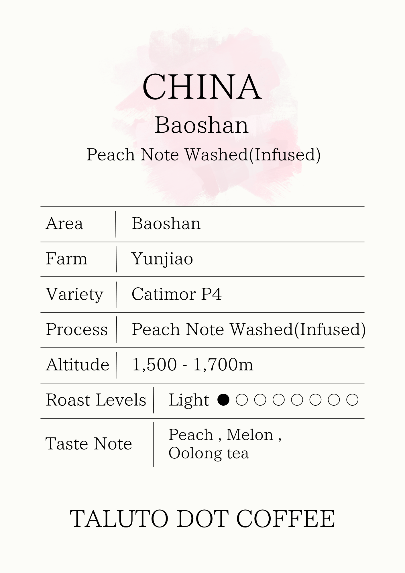 【コーヒー豆】CHINA Baoshan Peach Note Washed (Infused) / 浅煎り