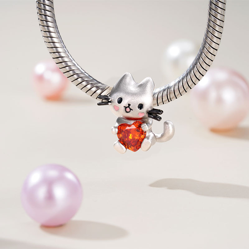 可愛貓咪擁抱心形寶石珠飾 image number 2