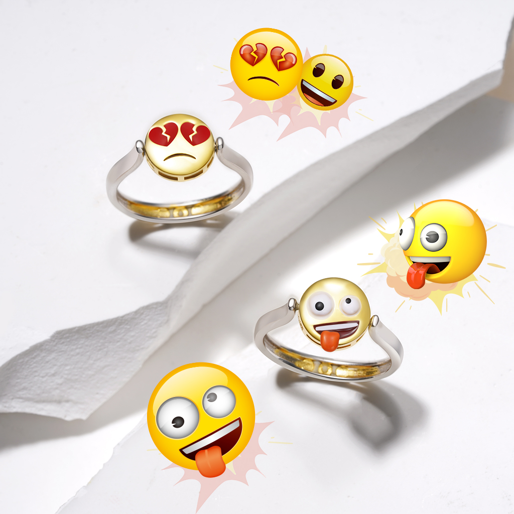 周大吉GnoceGnoceemoji微笑臉可翻轉為悲傷臉戒指- gnoce.tw