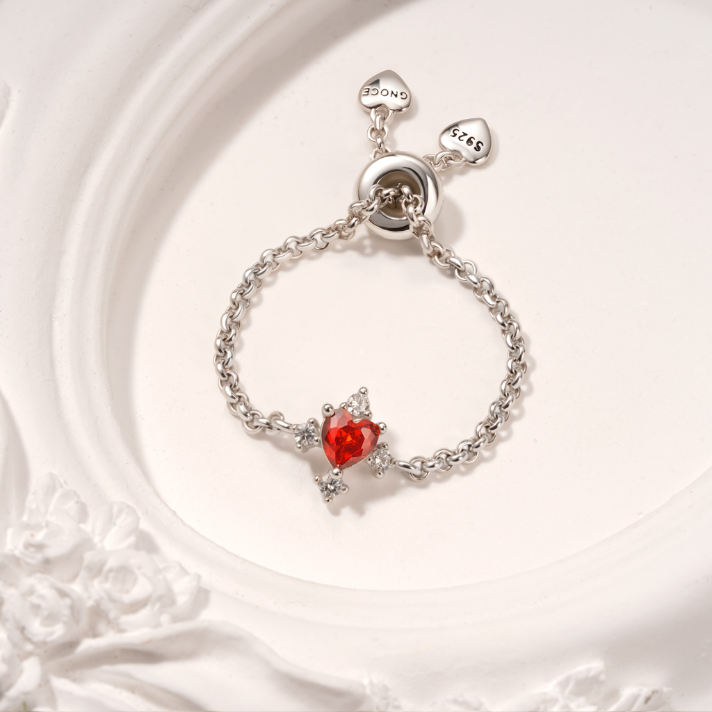 心形生日石可調節鍊式戒指 image number 3