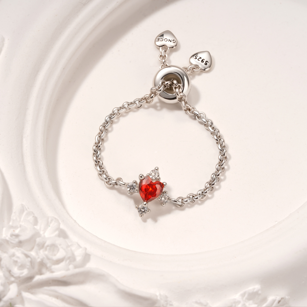 心形生日石可調節鍊式戒指 image number 3