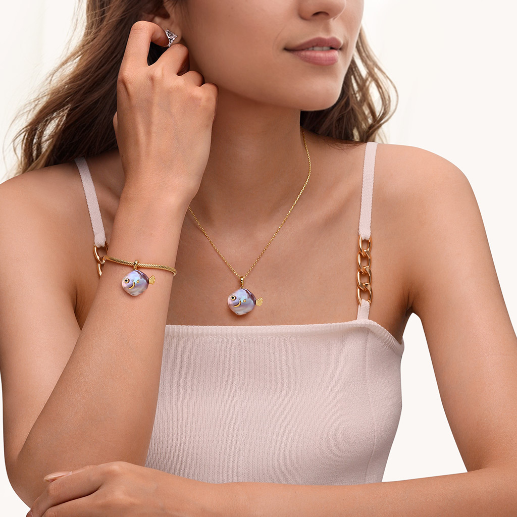 小魚巴洛克珍珠鍍金吊墜 image number 1