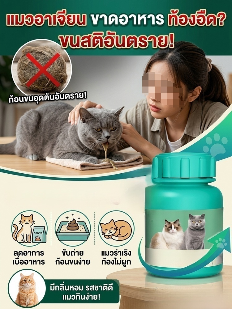 🐾 ผลิตภัณฑ์กำจัดก้อนขนแบบธรรมชาติ อ่อนโยนต่อกระเพาะอาหาร | เม็ดกำจัดก้อนขนจากหญ้าแมว ช่วยกำจัดก้อนขนอย่างอ่อนโยน ทำให้กระเพาะอาหารของแมวรู้สึกสบาย 🌿