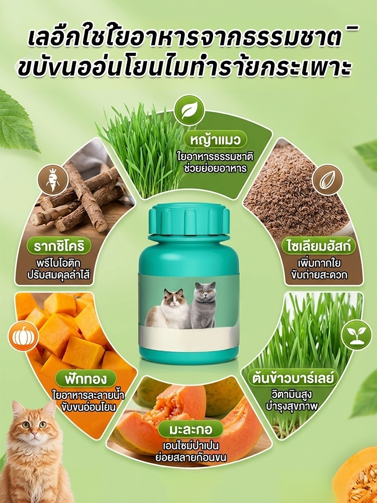 🐾 ผลิตภัณฑ์กำจัดก้อนขนแบบธรรมชาติ อ่อนโยนต่อกระเพาะอาหาร | เม็ดกำจัดก้อนขนจากหญ้าแมว ช่วยกำจัดก้อนขนอย่างอ่อนโยน ทำให้กระเพาะอาหารของแมวรู้สึกสบาย 🌿