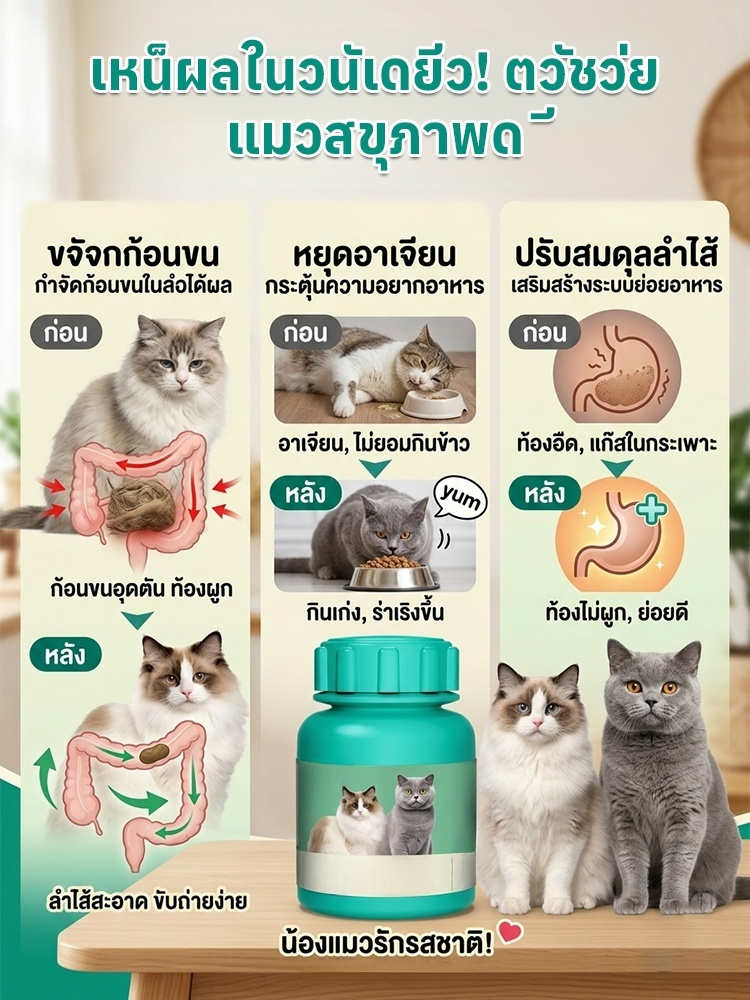 🐾 ผลิตภัณฑ์กำจัดก้อนขนแบบธรรมชาติ อ่อนโยนต่อกระเพาะอาหาร | เม็ดกำจัดก้อนขนจากหญ้าแมว ช่วยกำจัดก้อนขนอย่างอ่อนโยน ทำให้กระเพาะอาหารของแมวรู้สึกสบาย 🌿