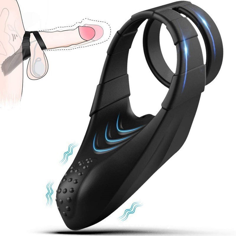10 Frequency Vibrating Black Feather 2 Triple Restraint Cock Ring Electric Silicone Prostate Massager Penis Sleeve Stimulator