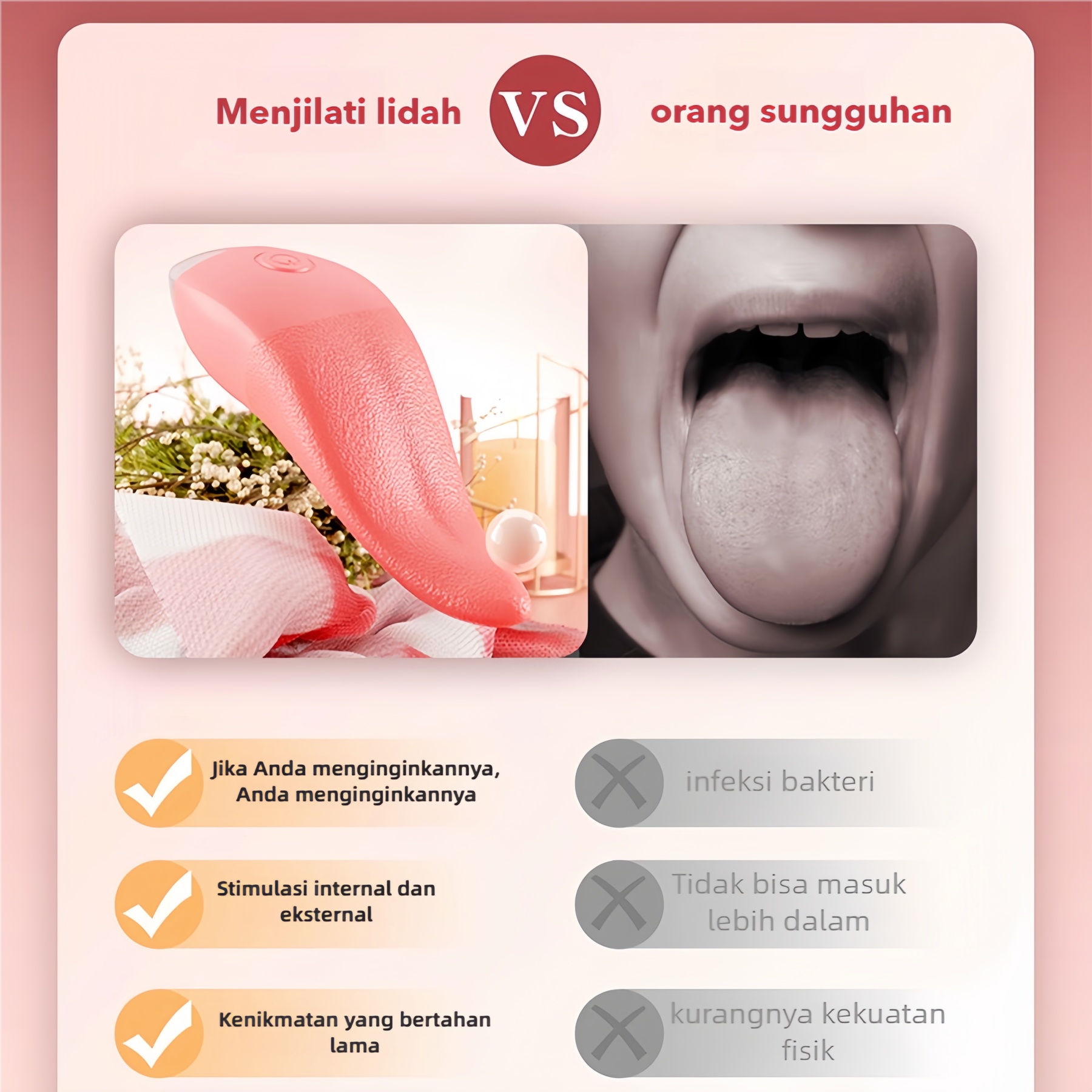 Mainan Penjilat Klitoris Lidah Fleksibel 10 Mode Getaran Bahan TPE dan ABS Tahan Air USB Rechargeable Bonus Pelumas 8ml