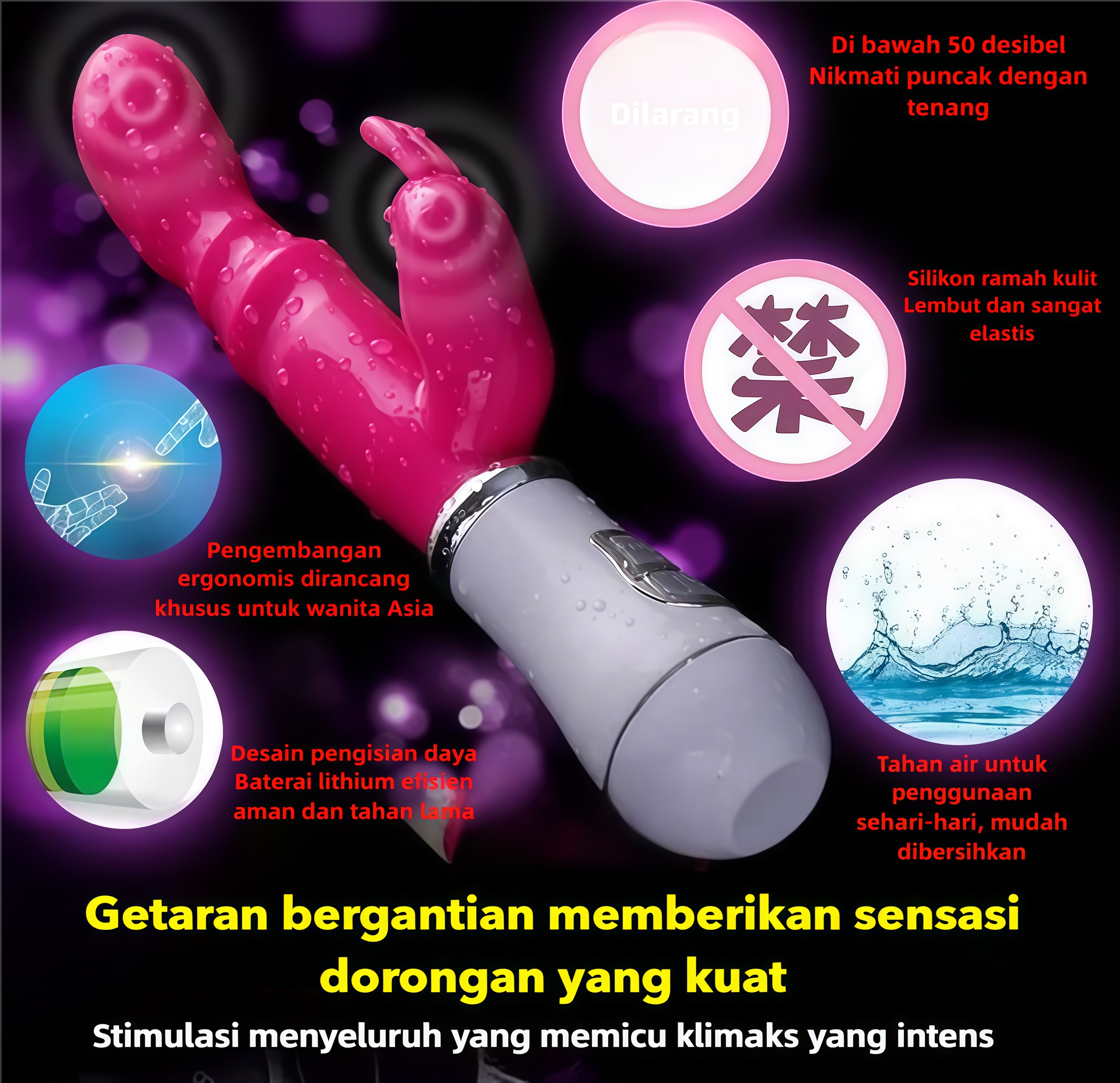 Vibrator G Spot Motor Terpisah Getaran dan Dorongan Kuat Silikon Ramah Kulit Tahan Air Panjang 20cm Kedalaman 13cm Diameter 2cm