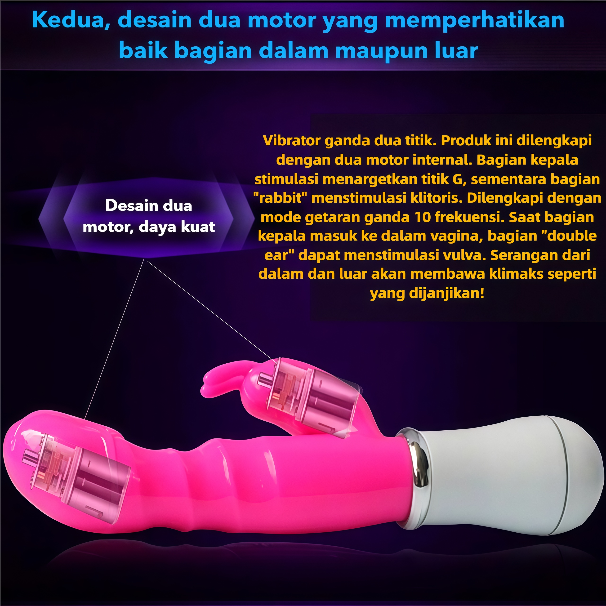 Vibrator G Spot Motor Terpisah Getaran dan Dorongan Kuat Silikon Ramah Kulit Tahan Air Panjang 20cm Kedalaman 13cm Diameter 2cm