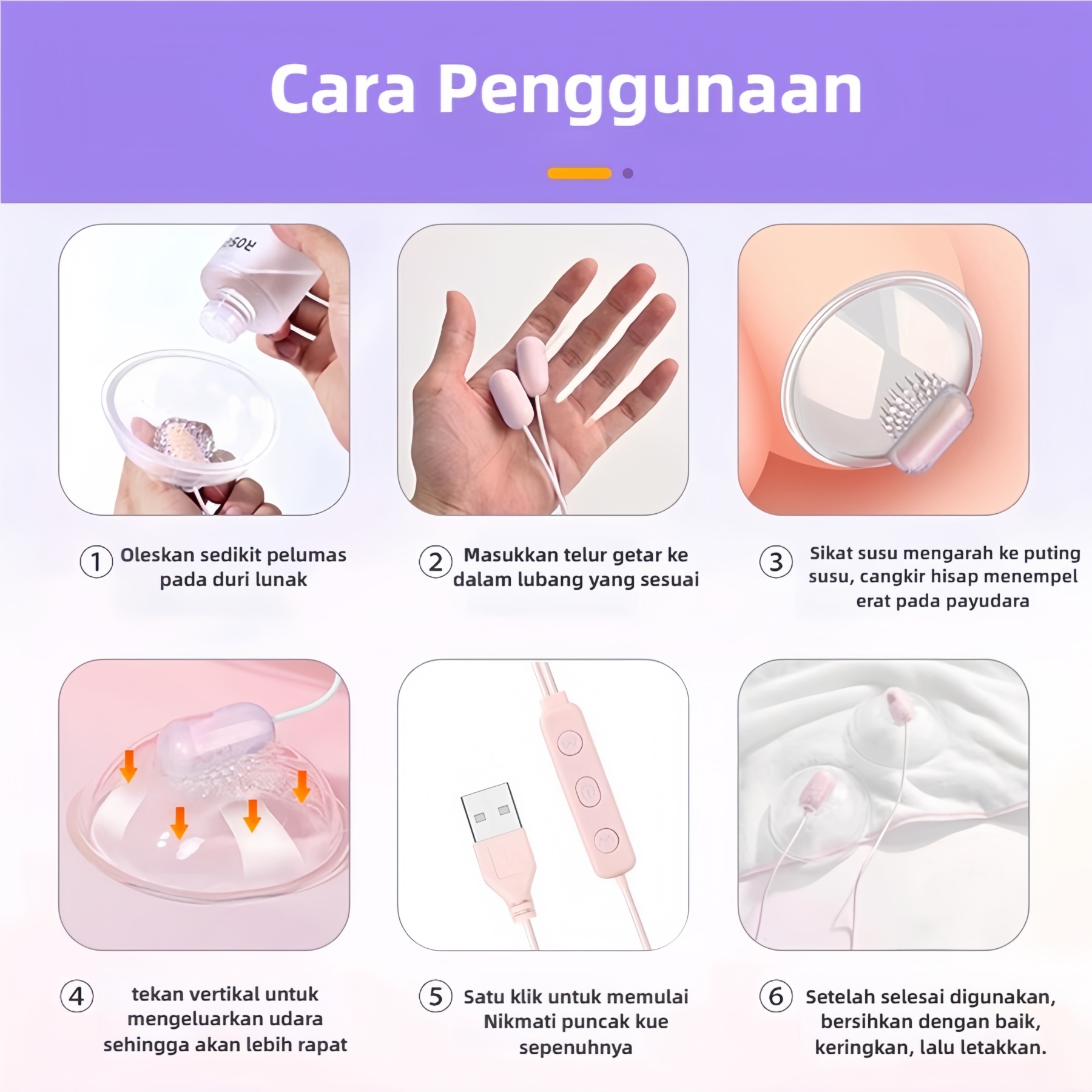 Alat Pijat Payudara dan G Spot Stimulasi Tiga Area Mode Getaran Disesuaikan Nirkabel USB Rechargeable Silikon Lembut Bonus Pelumas 8ml