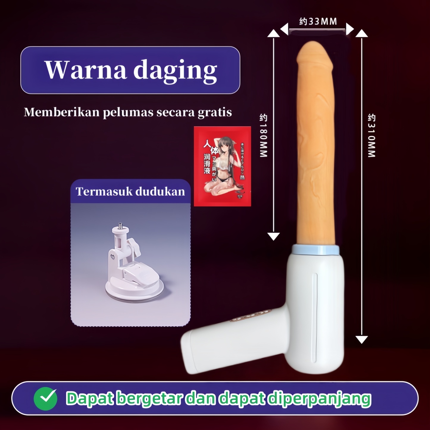 Mainan wanita, replika penis pria, vibrator dengan fungsi kecepatan yang dapat disesuaikan, perpanjangan, dan getaran.
