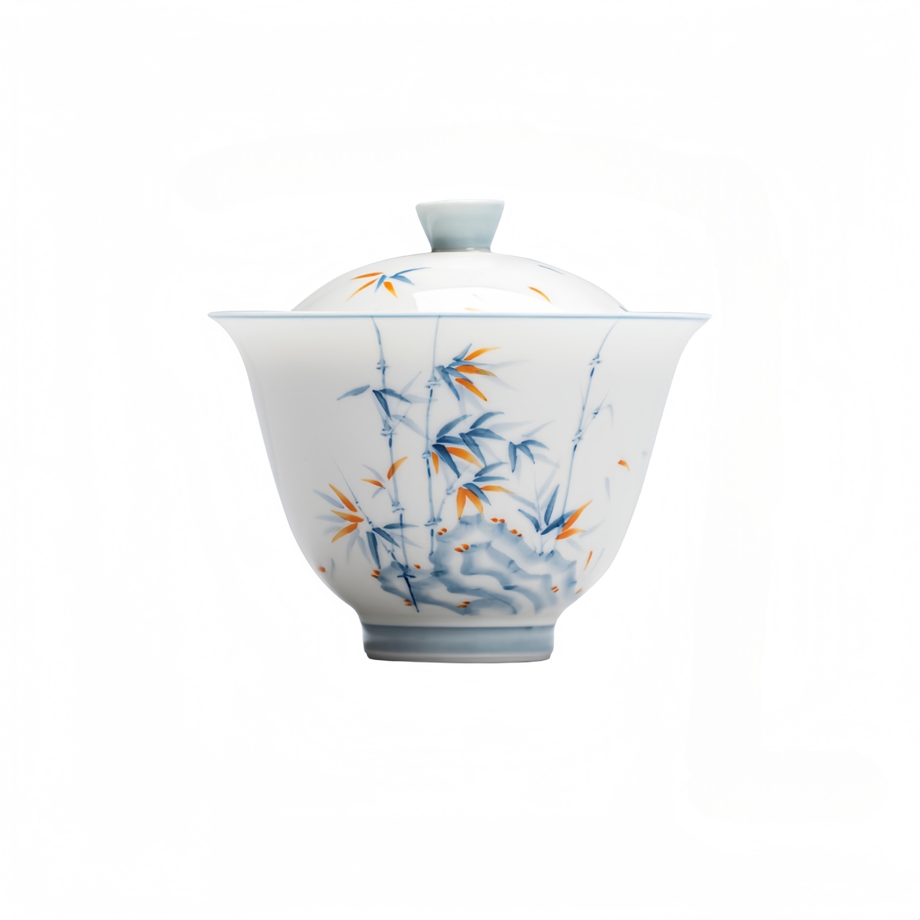 Hand-Painted Underglaze Bamboo & Gold Accented Jade Porcelain Gongfu Gaiwan