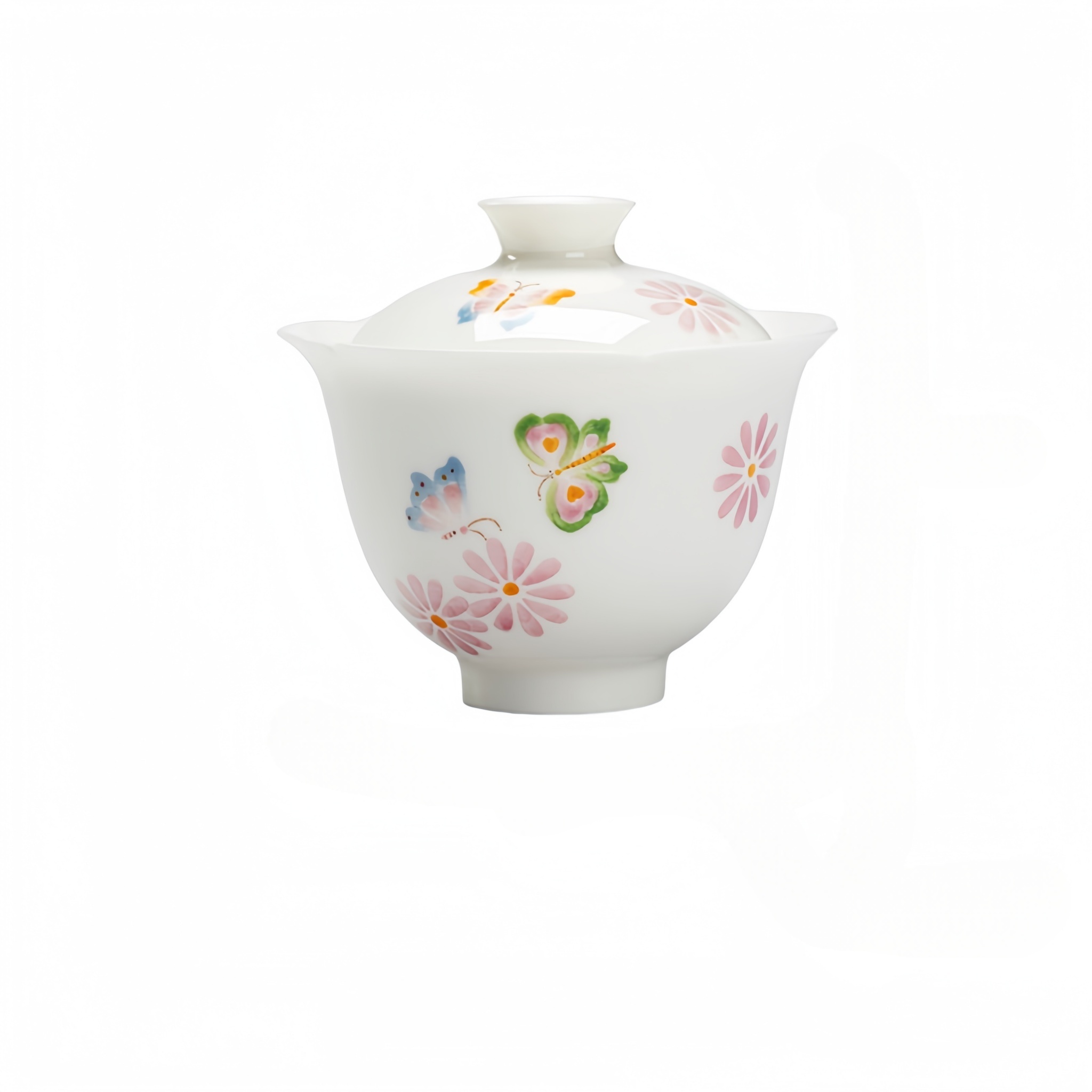 Hand-Painted Underglaze Butterfly & Chrysanthemum Jade Porcelain Gongfu Gaiwan