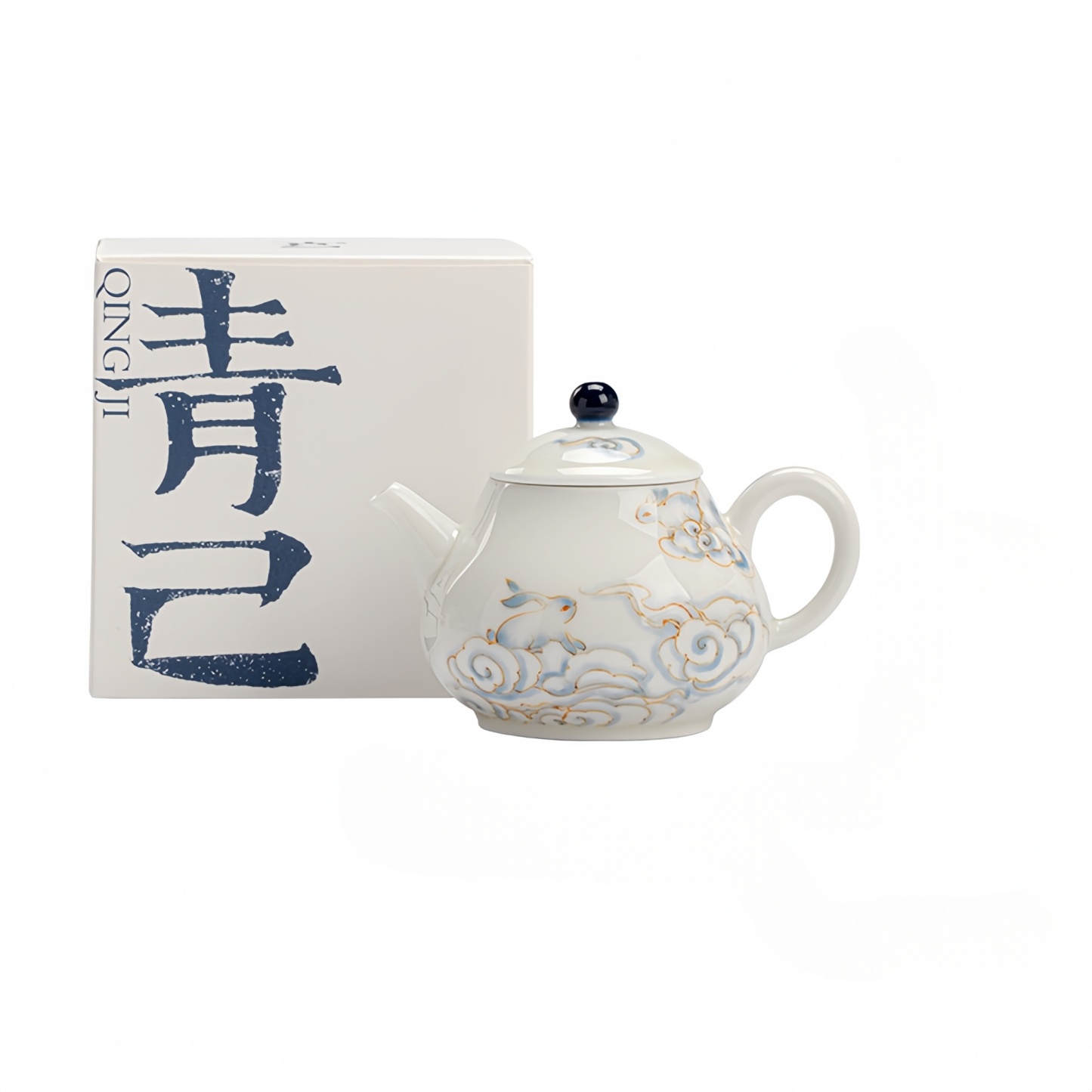 Celestial Rabbit Blue White Jade Porcelain Hand-Painted Gongfu Teapot