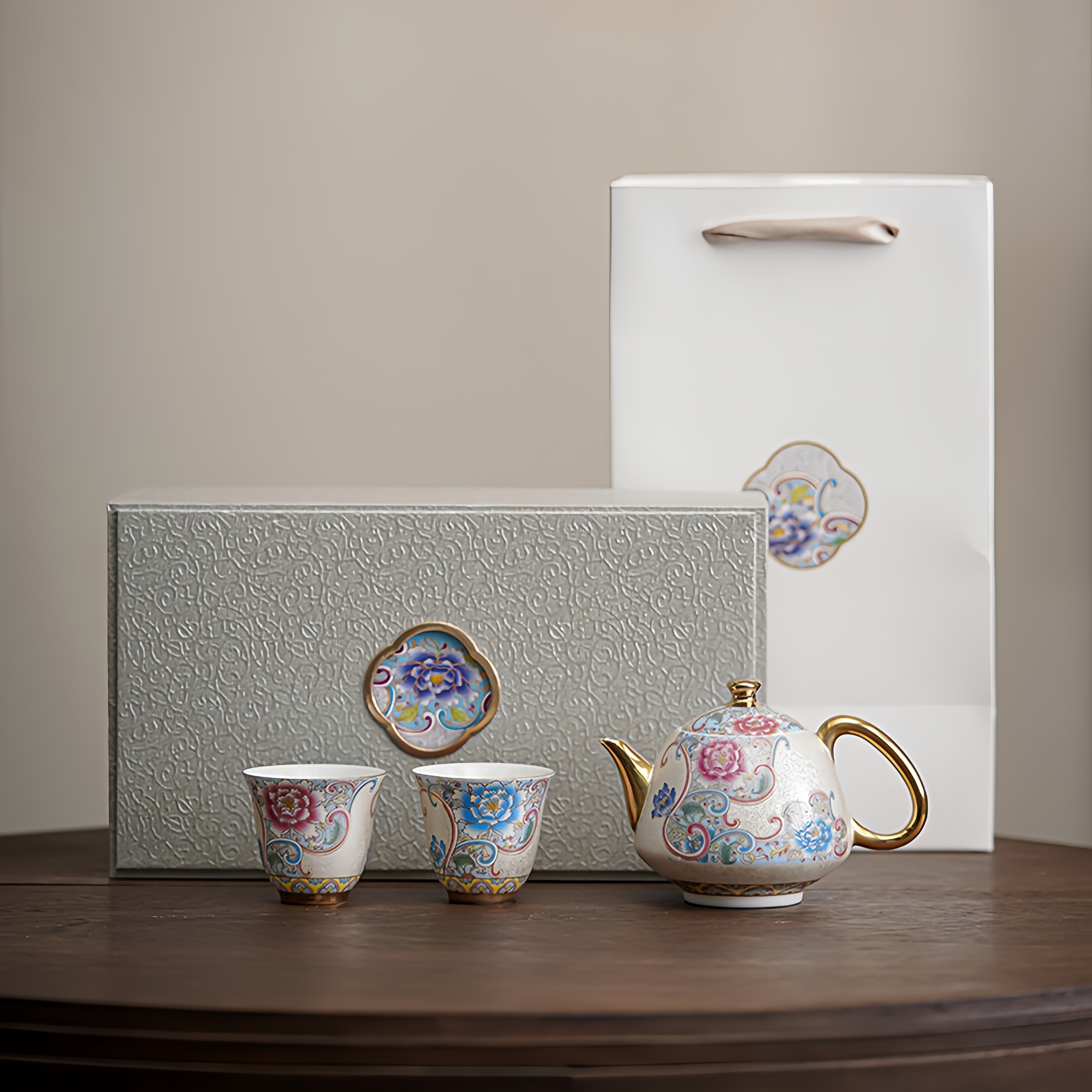 Enamel Cloisonné Handmade Silver Teapot Set - 1 Teapot & 2 Cups Gift Box