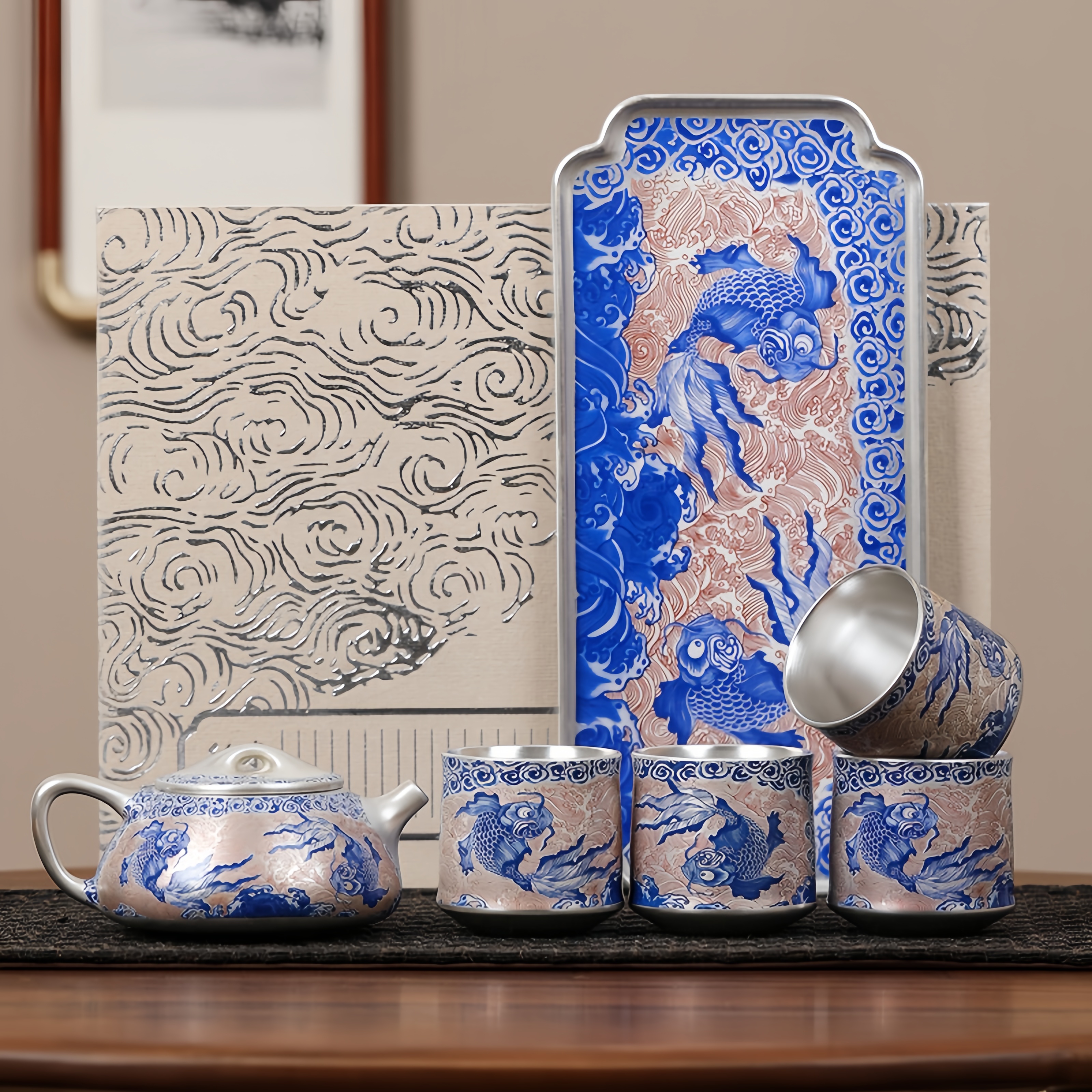 "Fish in Water" Silver-Plated Ceramic Tea Set