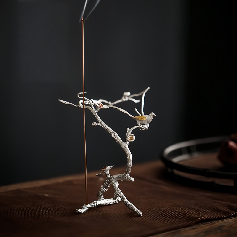 Handmade Pewter Magpie on Plum Blossom Incense Holder
