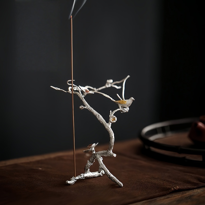 Handmade Pewter Magpie on Plum Blossom Incense Holder