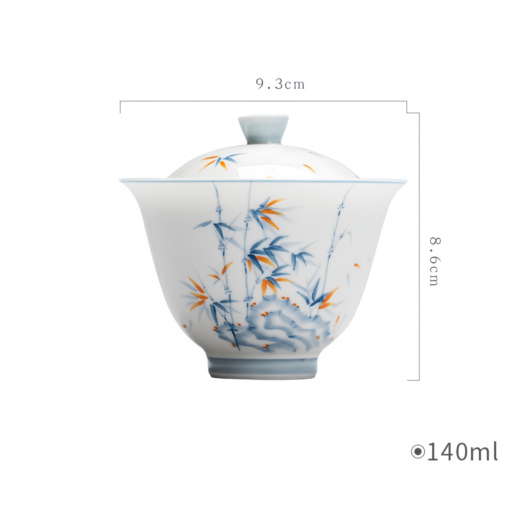 Hand-Painted Underglaze Bamboo & Gold Accented Jade Porcelain Gongfu Gaiwan