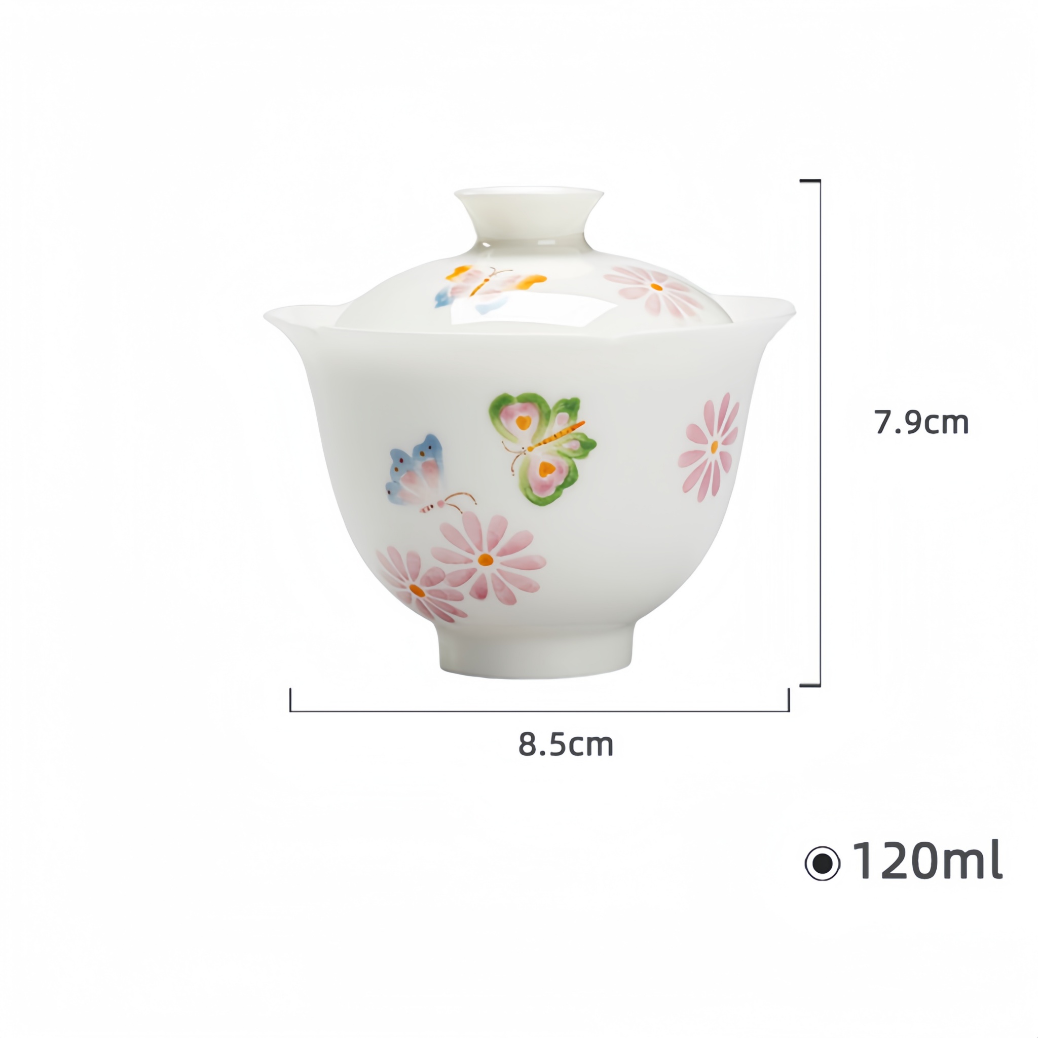 Hand-Painted Underglaze Butterfly & Chrysanthemum Jade Porcelain Gongfu Gaiwan