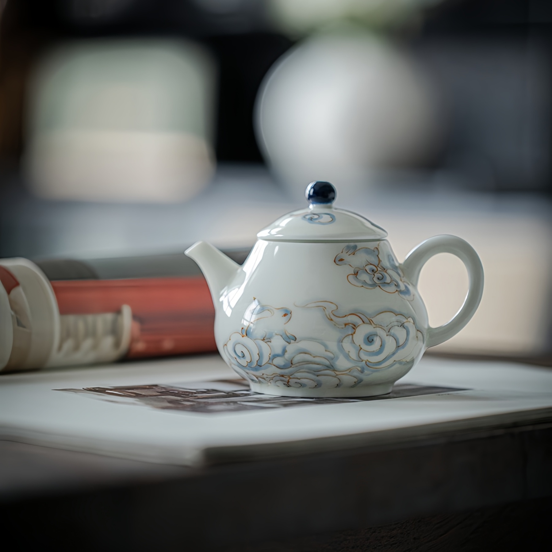 Celestial Rabbit Blue White Jade Porcelain Hand-Painted Gongfu Teapot