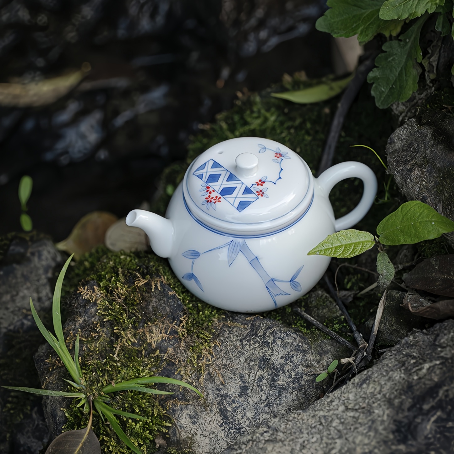 Bamboo Pattern Jade Porcelain Underglaze Hand-Painted Teapot