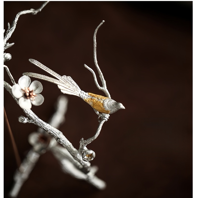 Handmade Pewter Magpie on Plum Blossom Incense Holder