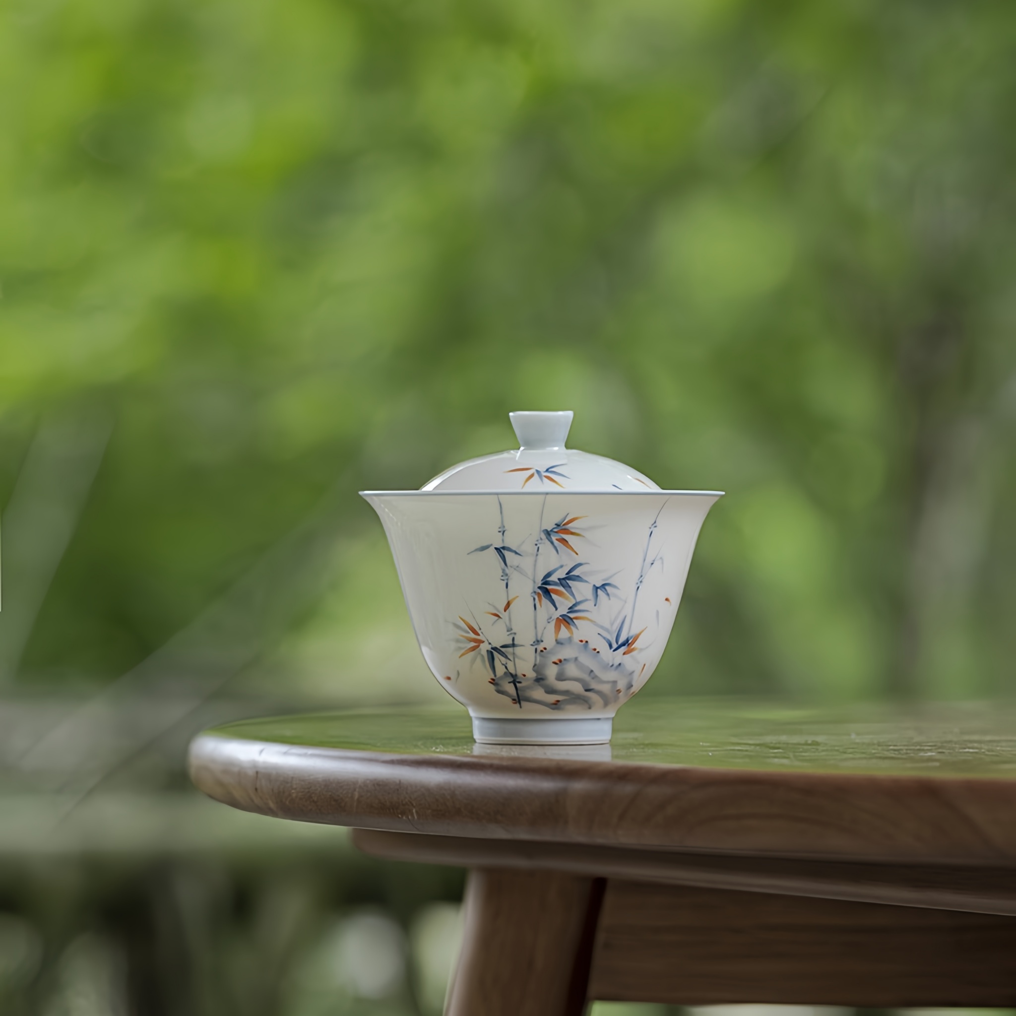 Hand-Painted Underglaze Bamboo & Gold Accented Jade Porcelain Gongfu Gaiwan