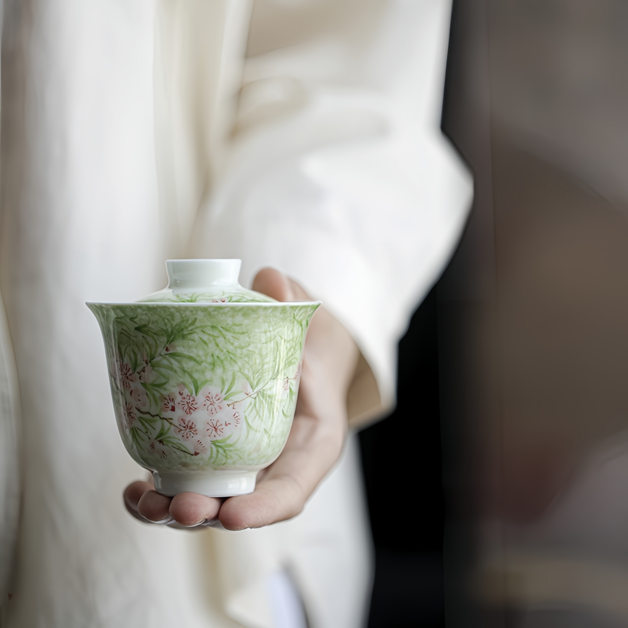 Vibrant Spring Jade-White Porcelain Hand Painted Gongfu Gaiwan