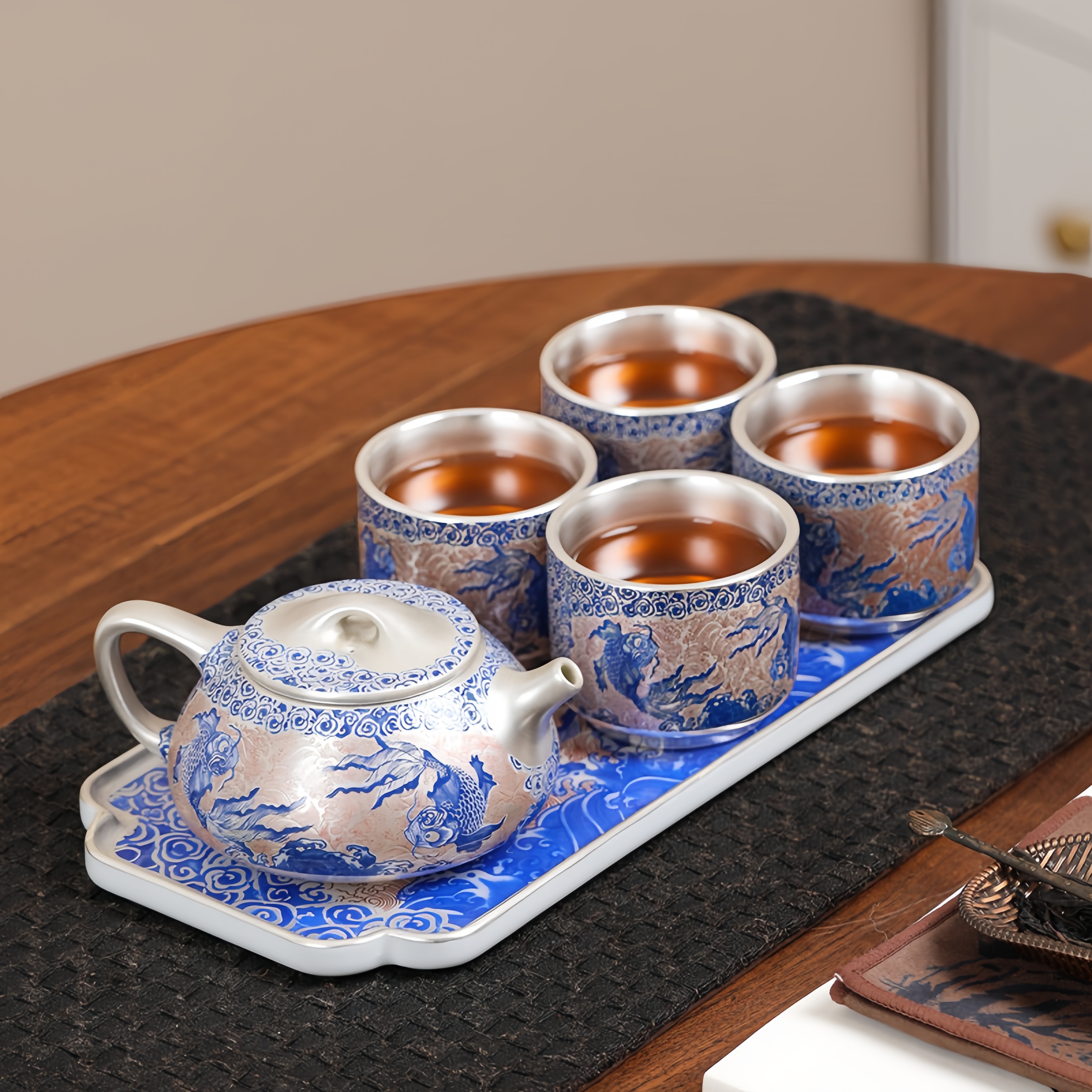 "Fish in Water" Silver-Plated Ceramic Tea Set