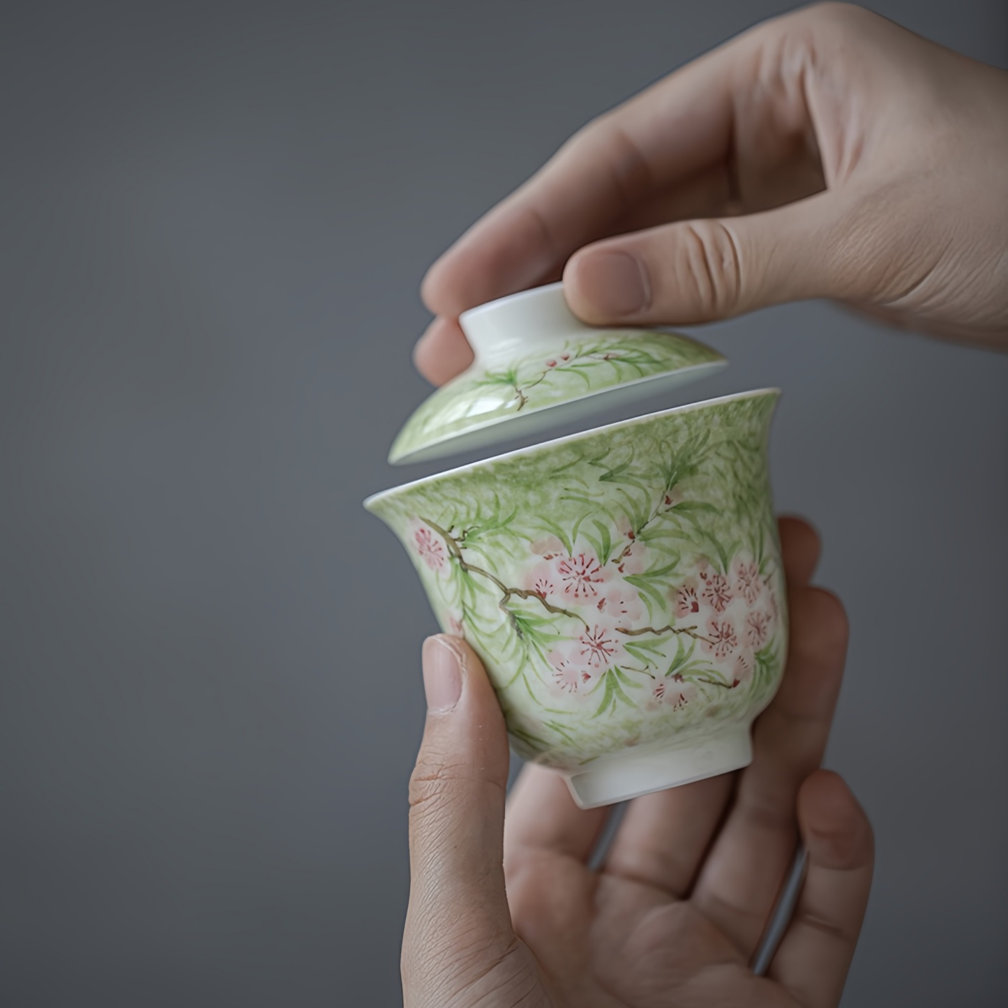 Vibrant Spring Jade-White Porcelain Hand Painted Gongfu Gaiwan