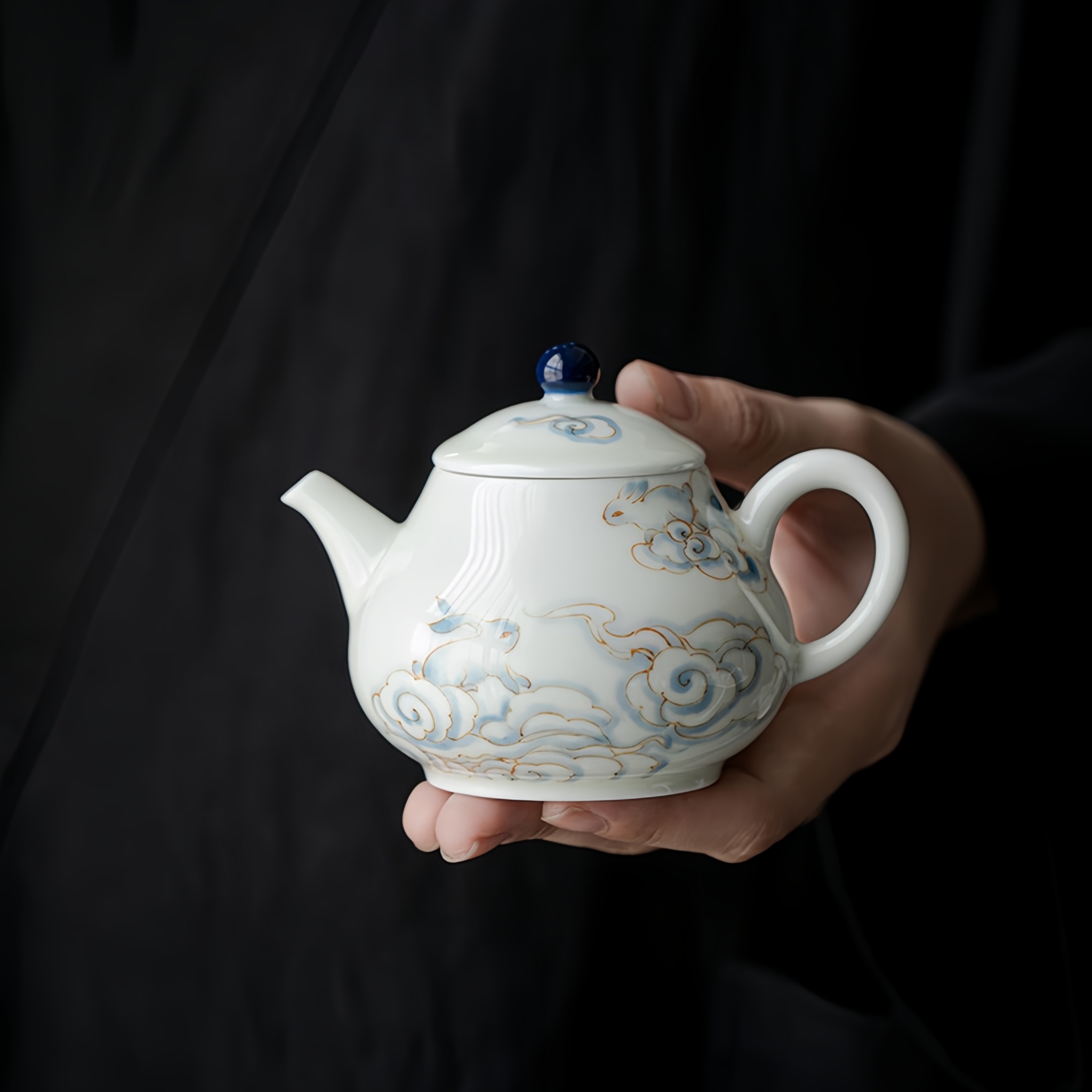 Celestial Rabbit Blue White Jade Porcelain Hand-Painted Gongfu Teapot