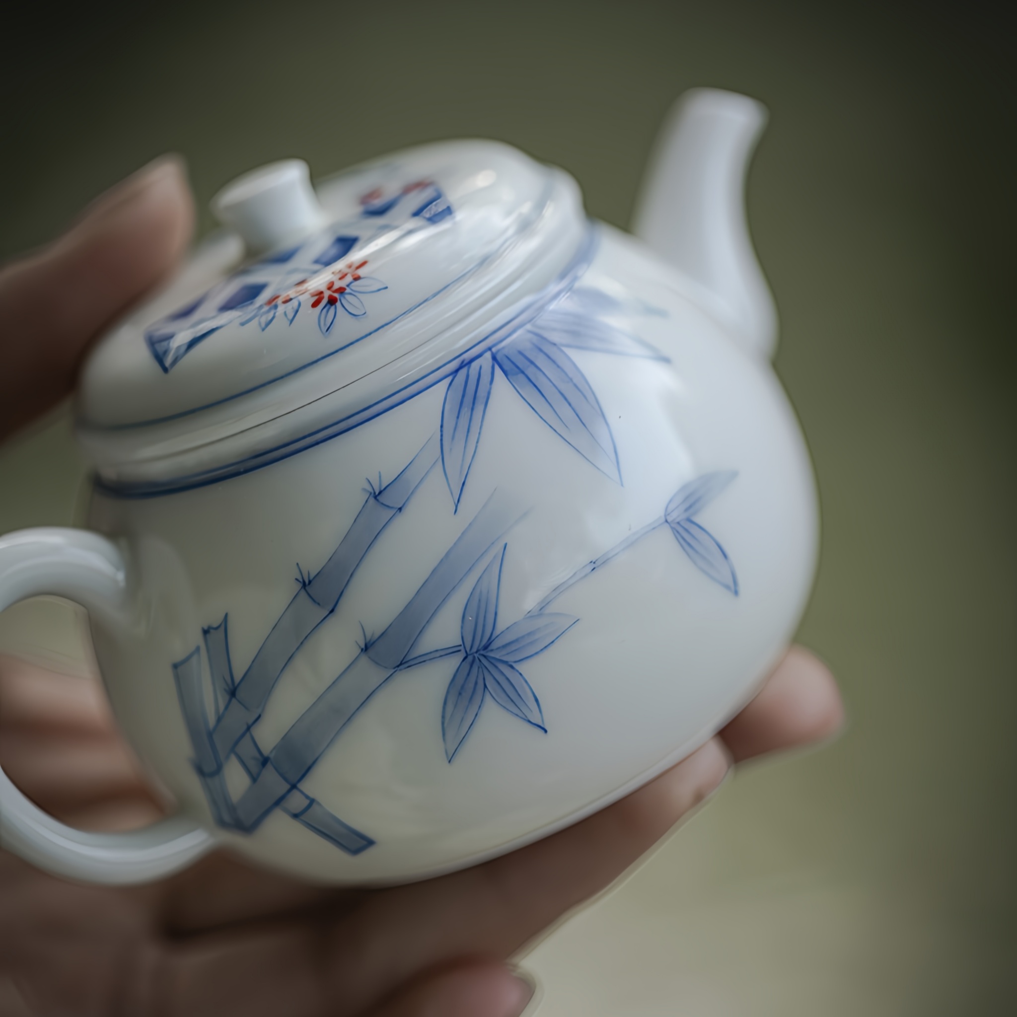 Bamboo Pattern Jade Porcelain Underglaze Hand-Painted Teapot