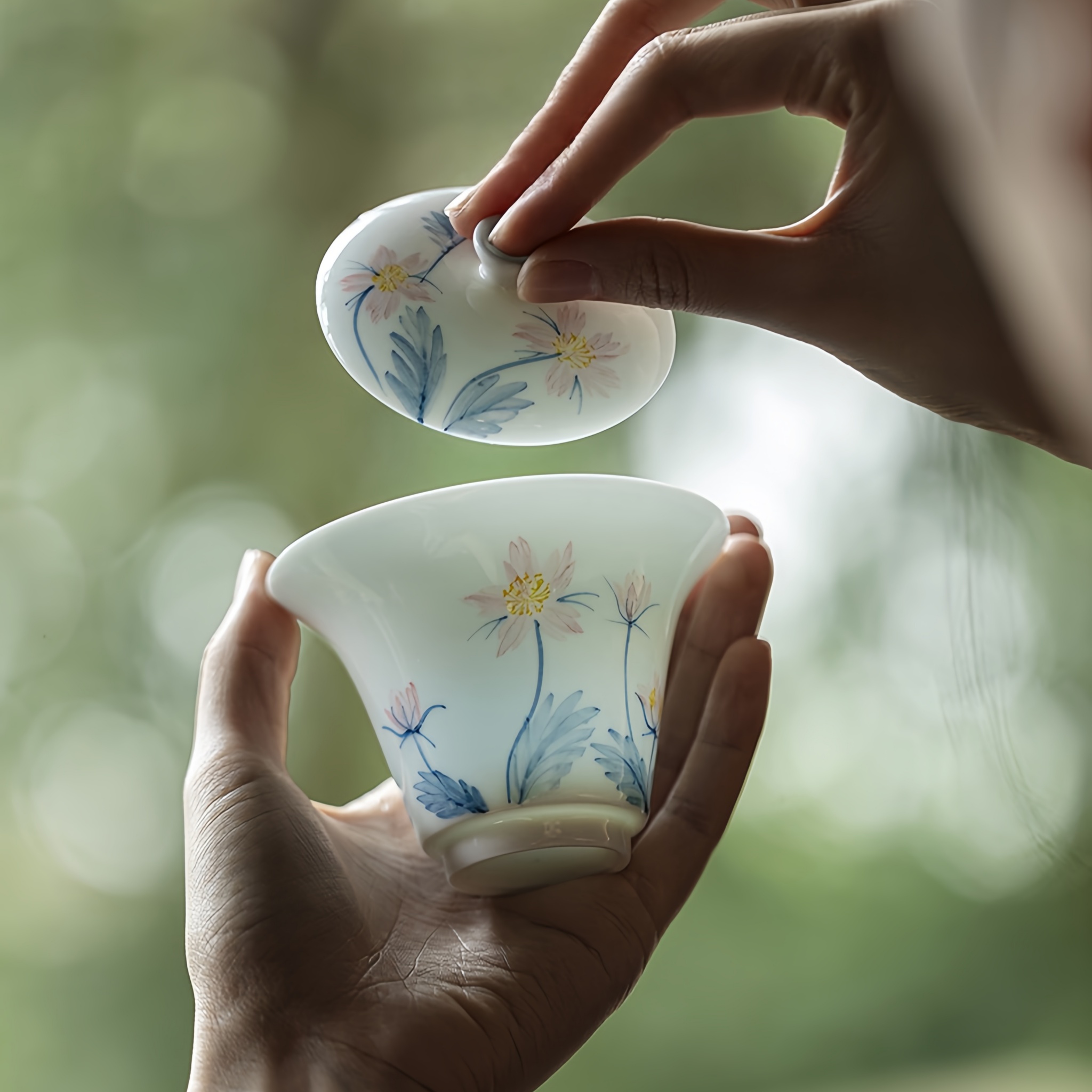 "Pink Whisper"Jade Porcelain Underglaze Hand-Painted Ultra-Thin Gongfu Gai Wan