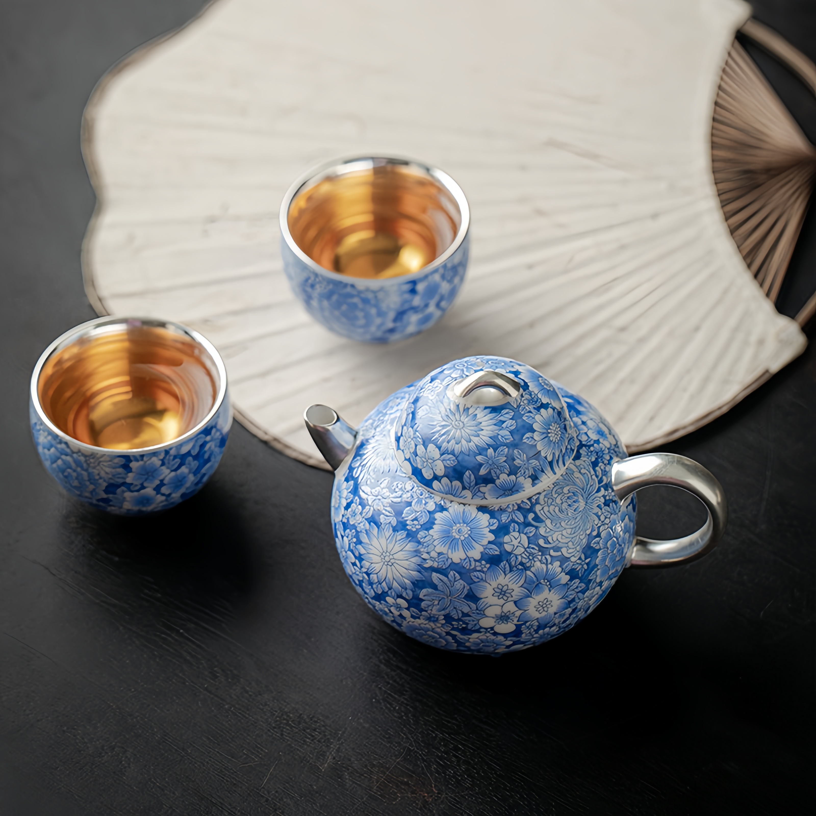 Hand-Painted Blue & White Silver-Gilded Tea Set