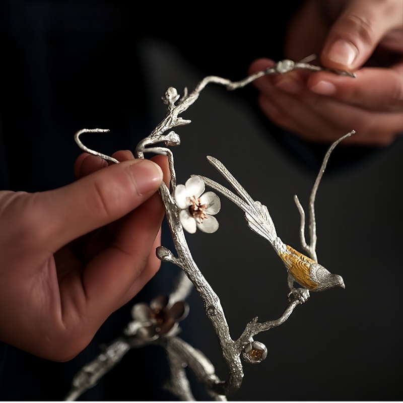 Handmade Pewter Magpie on Plum Blossom Incense Holder