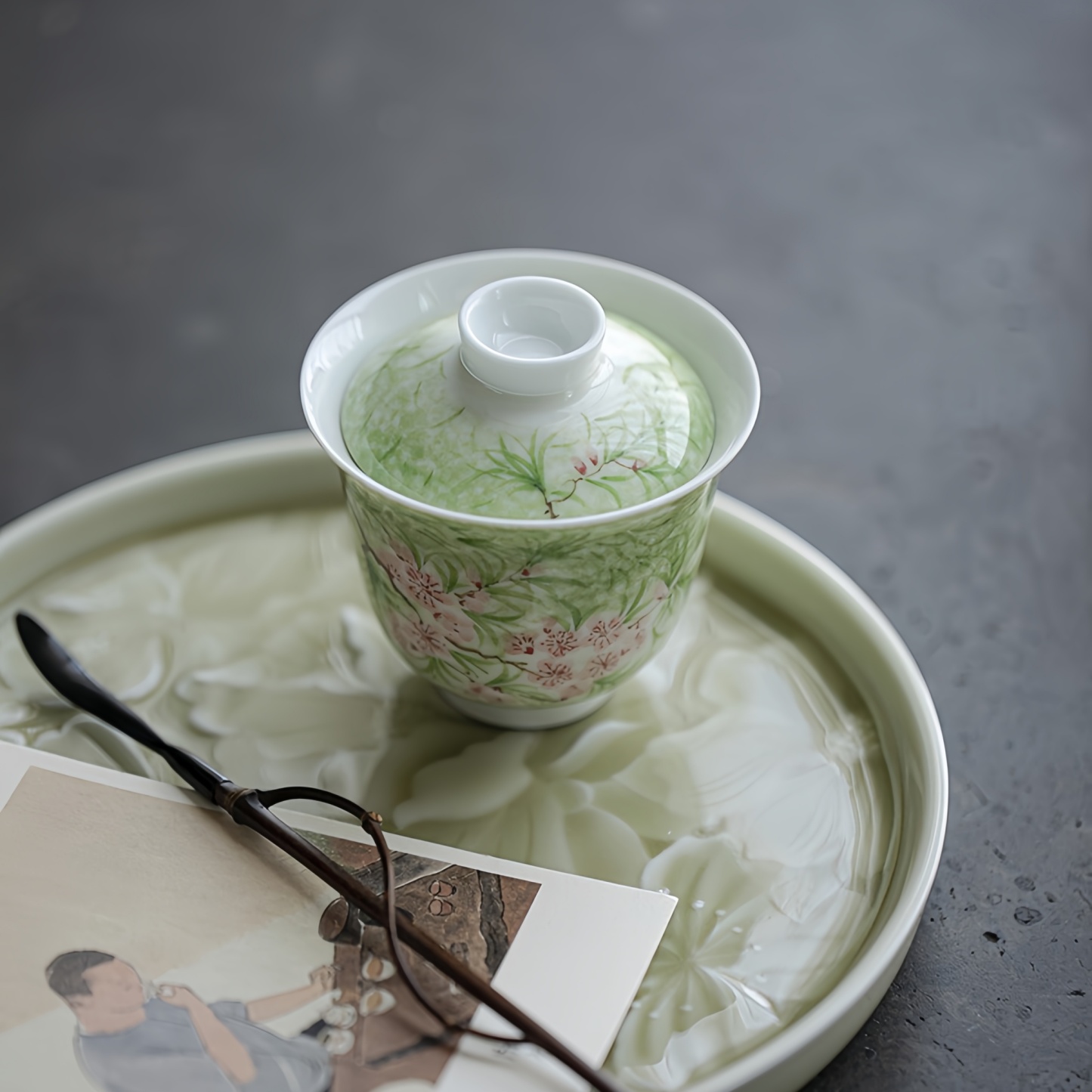 Vibrant Spring Jade-White Porcelain Hand Painted Gongfu Gaiwan