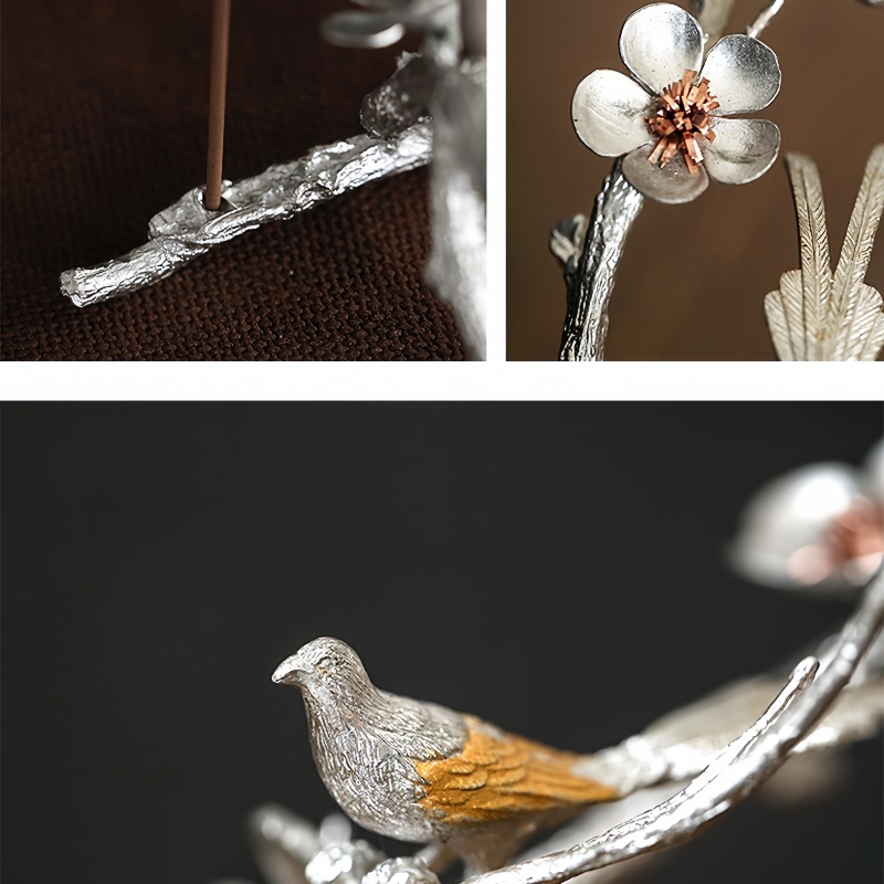 Handmade Pewter Magpie on Plum Blossom Incense Holder