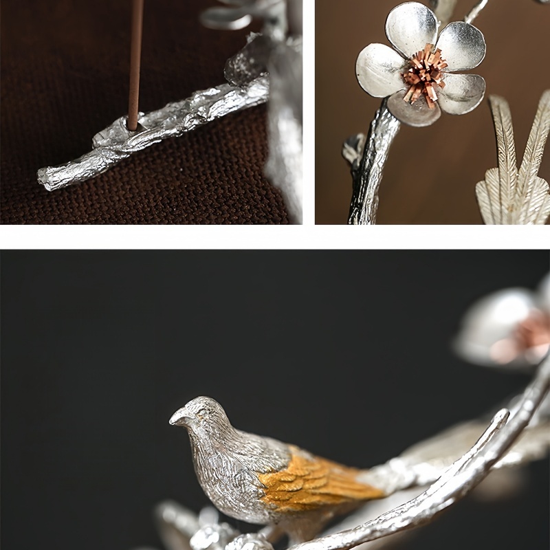 Handmade Pewter Magpie on Plum Blossom Incense Holder