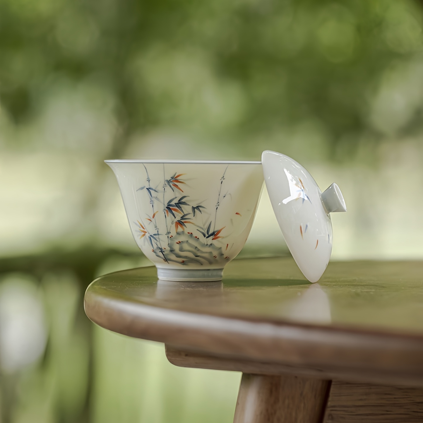 Hand-Painted Underglaze Bamboo & Gold Accented Jade Porcelain Gongfu Gaiwan