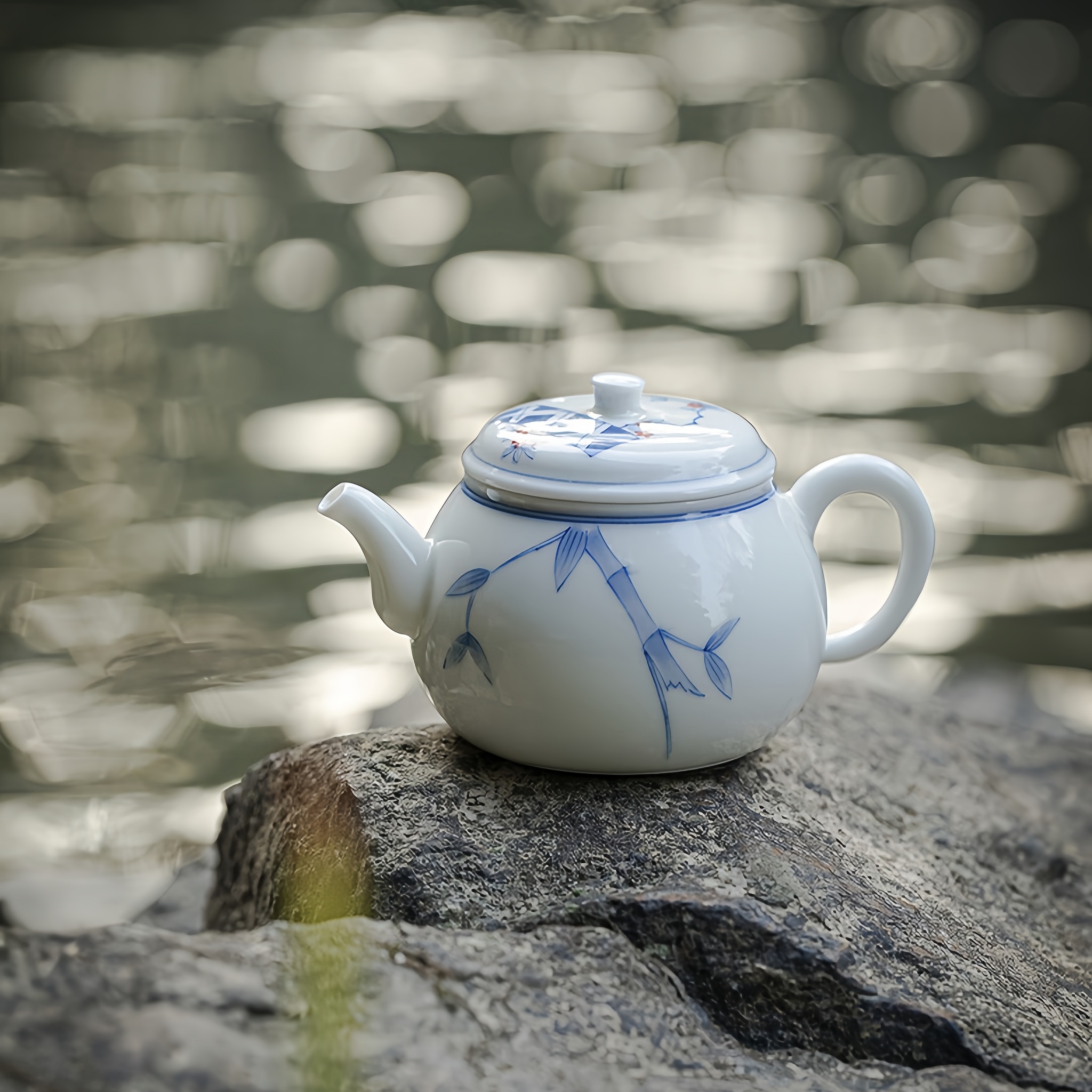 Bamboo Pattern Jade Porcelain Underglaze Hand-Painted Teapot