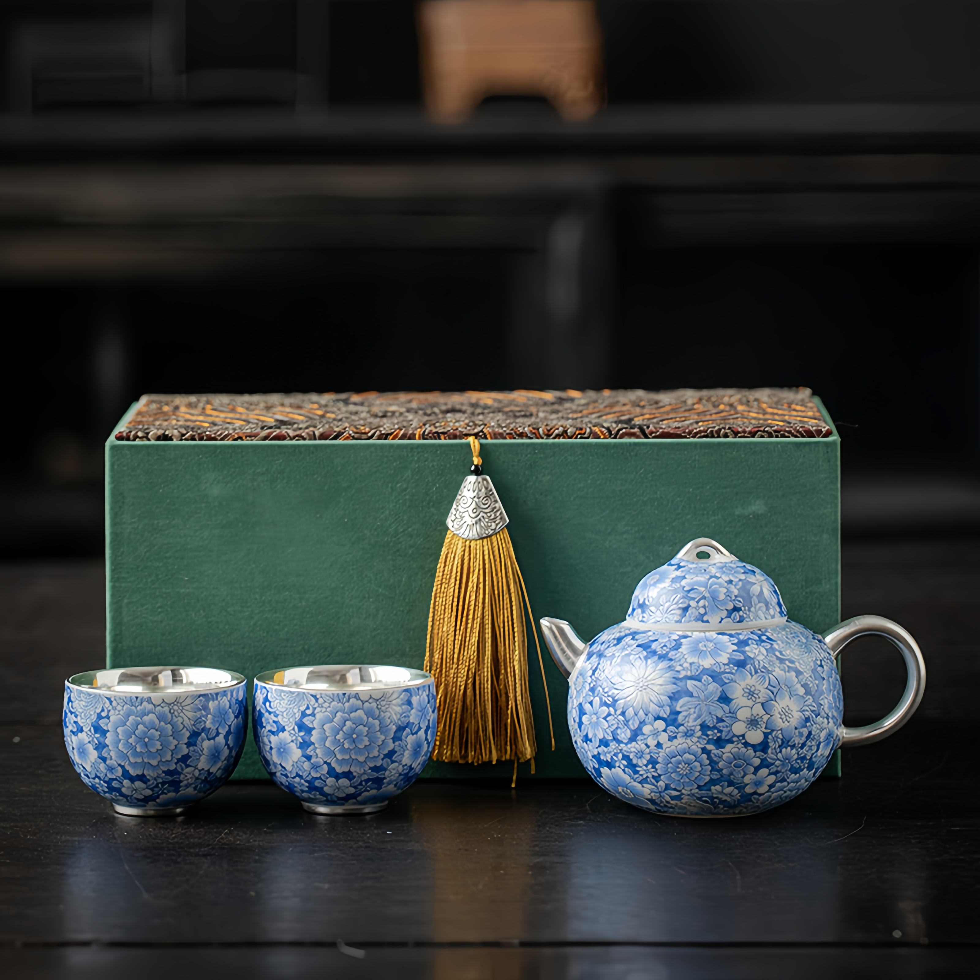 Hand-Painted Blue & White Silver-Gilded Tea Set
