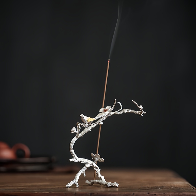Handmade Pewter Magpie on Plum Blossom Incense Holder