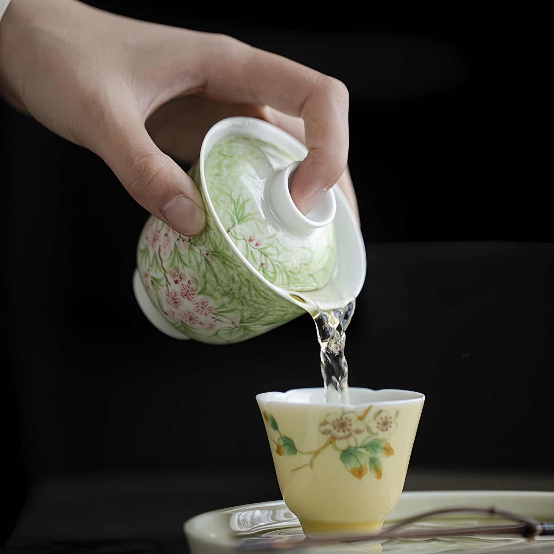 Vibrant Spring Jade-White Porcelain Hand Painted Gongfu Gaiwan