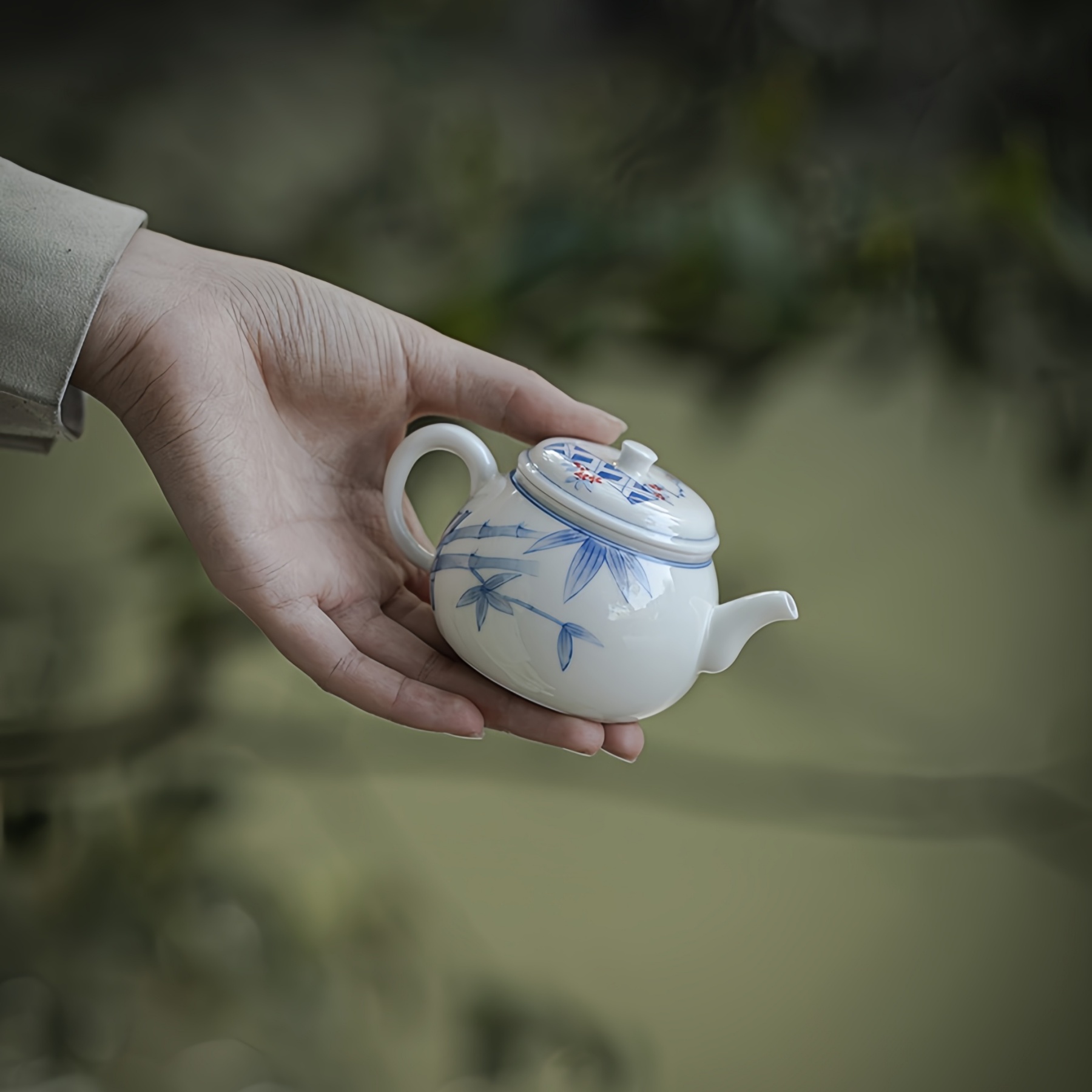 Bamboo Pattern Jade Porcelain Underglaze Hand-Painted Teapot