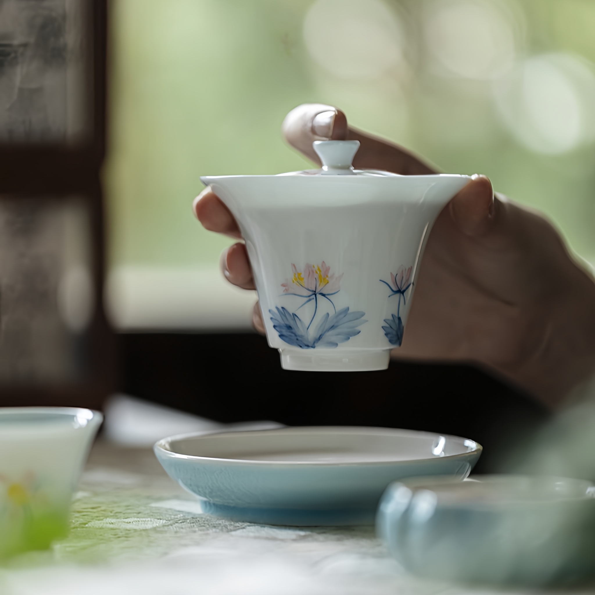 "Pink Whisper"Jade Porcelain Underglaze Hand-Painted Ultra-Thin Gongfu Gai Wan